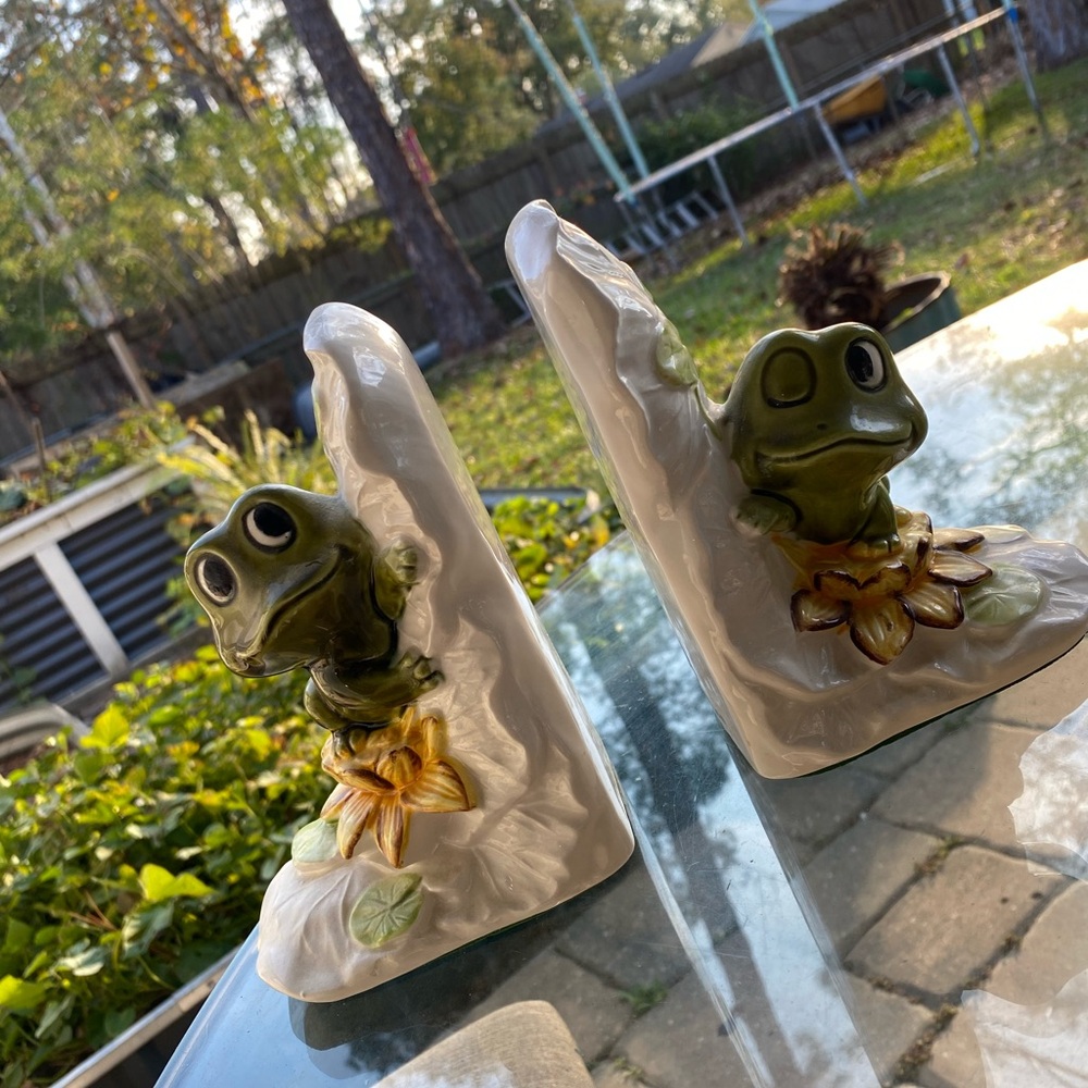Whimsical Frog Bookends - Green and Tan